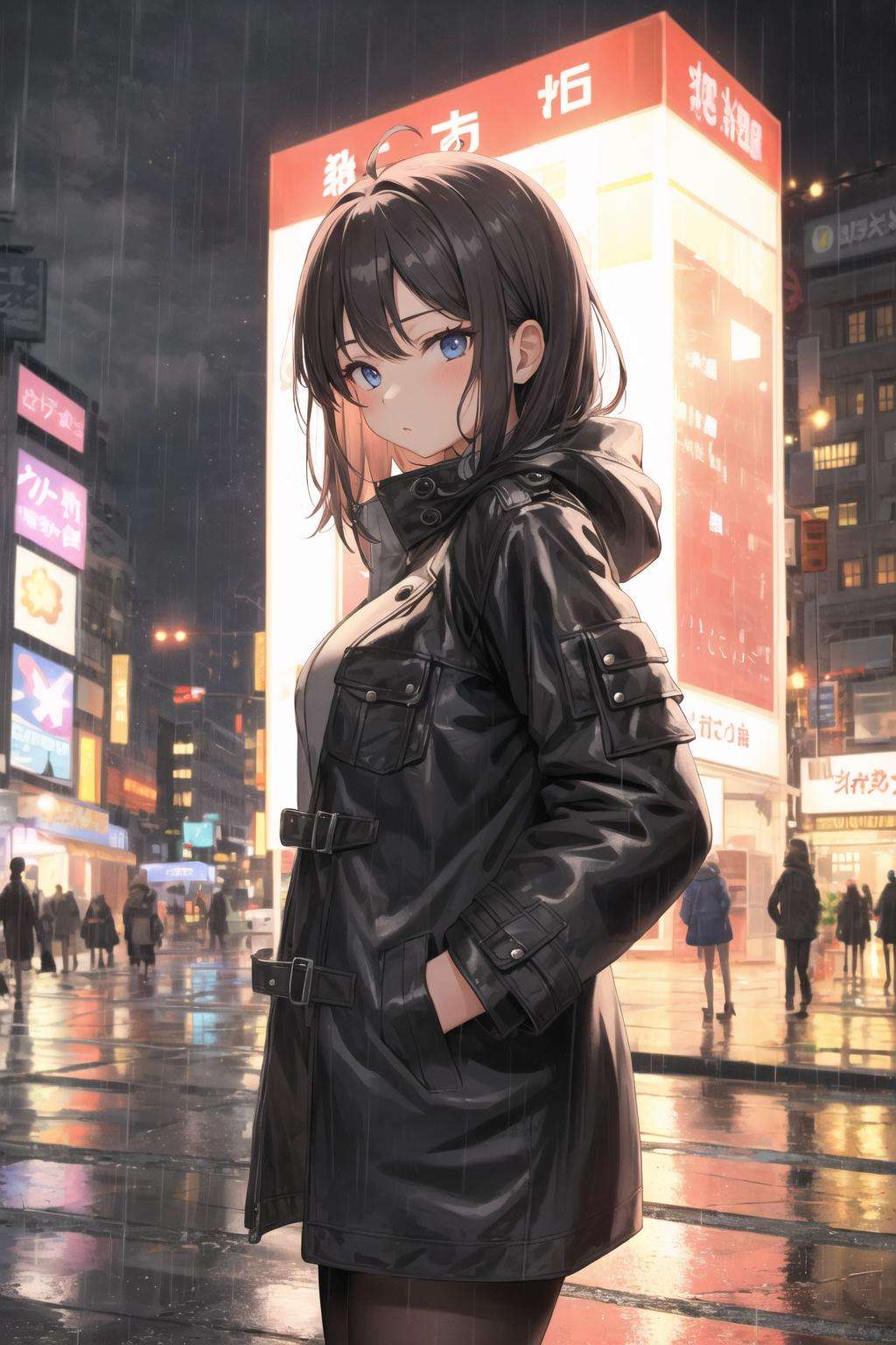 masterpiece best quality 1girl1girl,night city,rain,coat,hands in pockets