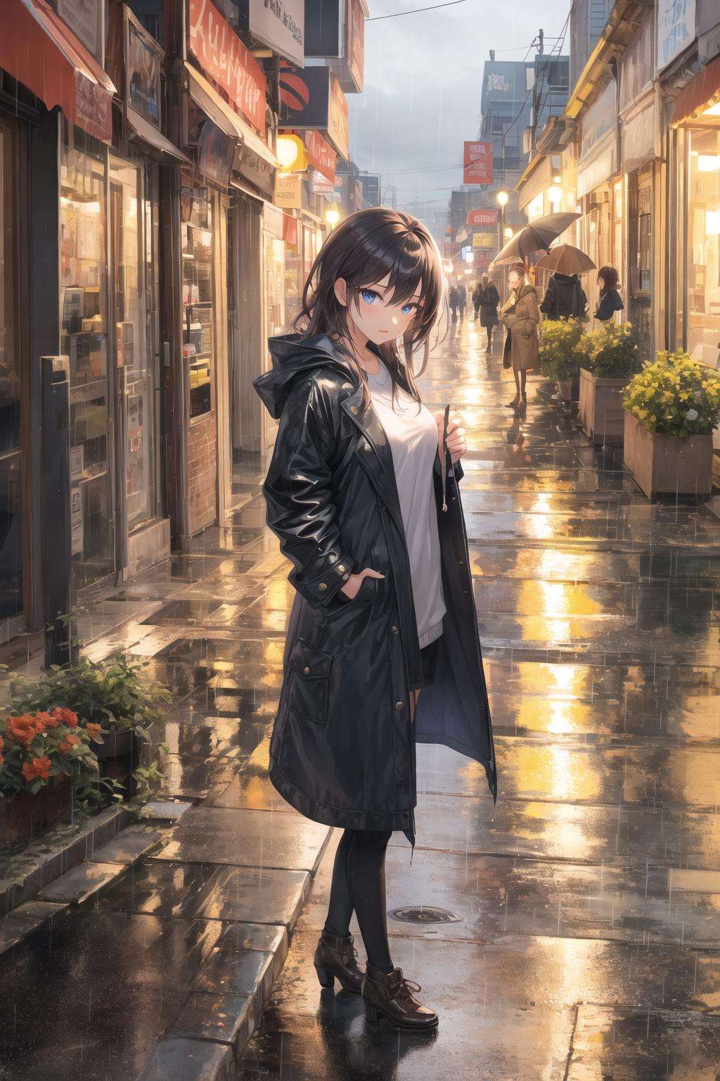 masterpiece best quality 1girl1girl,night city,rain,coat,hands in pockets