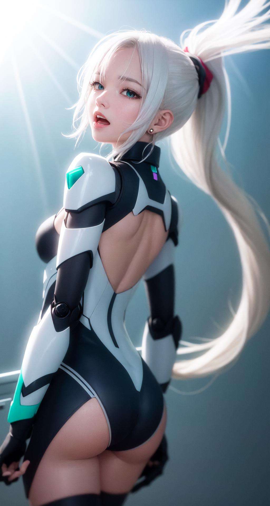 masterpiece, best quality, lens flare, depth of field,(backlighting, Backlight:1.1), grating,raster,(Light through hair:1.2),1girl, white hair, aqua eyes, asymmetrical bangs, hair behind ear, (white hair:1.2), high ponytail, long hair, hair over one eyebrow,messy hair, hair flower,mecha musume, mecha, Mecha clothing, tight bodysuit, black thighhighs, open mouth,happy,looking at viewer,(shaded face),(shadow:1.2),(chromatic aberration:1.3),