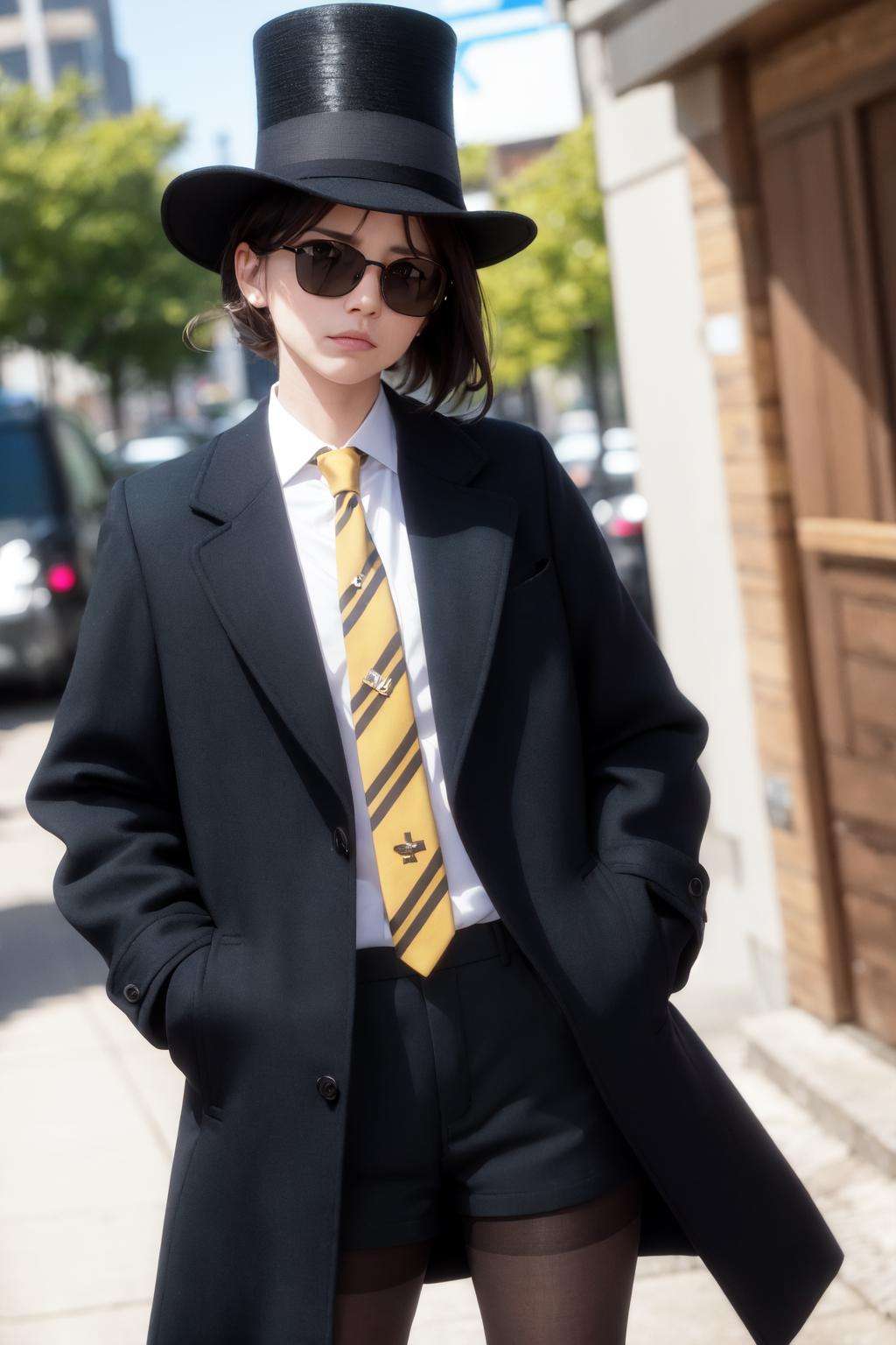 best quality, masterpiece, (close-up,face focus:0.8),sunglasses, necktie, animal ears, gloves, 1girl, black hair, shirt, suit, formal, official alternate costume, long hair, Top hat, black headwear, jacket, white shirt, black necktie, dutch angle, 1girl, black gloves, holding, black jacket, multiple girls, watch, aqua eyes, adjusting clothes, collared shirt, hand in pocket, black gloves, short hair, looking away, long sleeves, ponytail, outdoors, hair between eyes, adjusting necktie, flower, black suit, open clothes, coat, wristwatch, blue flower, smoke,coffee,coffee cup, cat girl, bangs, striped, necktie, black headwear, (overcoat:1.3),(black pantyhose:1.3), shorts,(frown, scowl:1),looking at viewer,Supercilious,rolling eyes,(disdain:1.2),glowing eyes, sparkling eyes,cinemagraph, muted color, high contrast, movie,