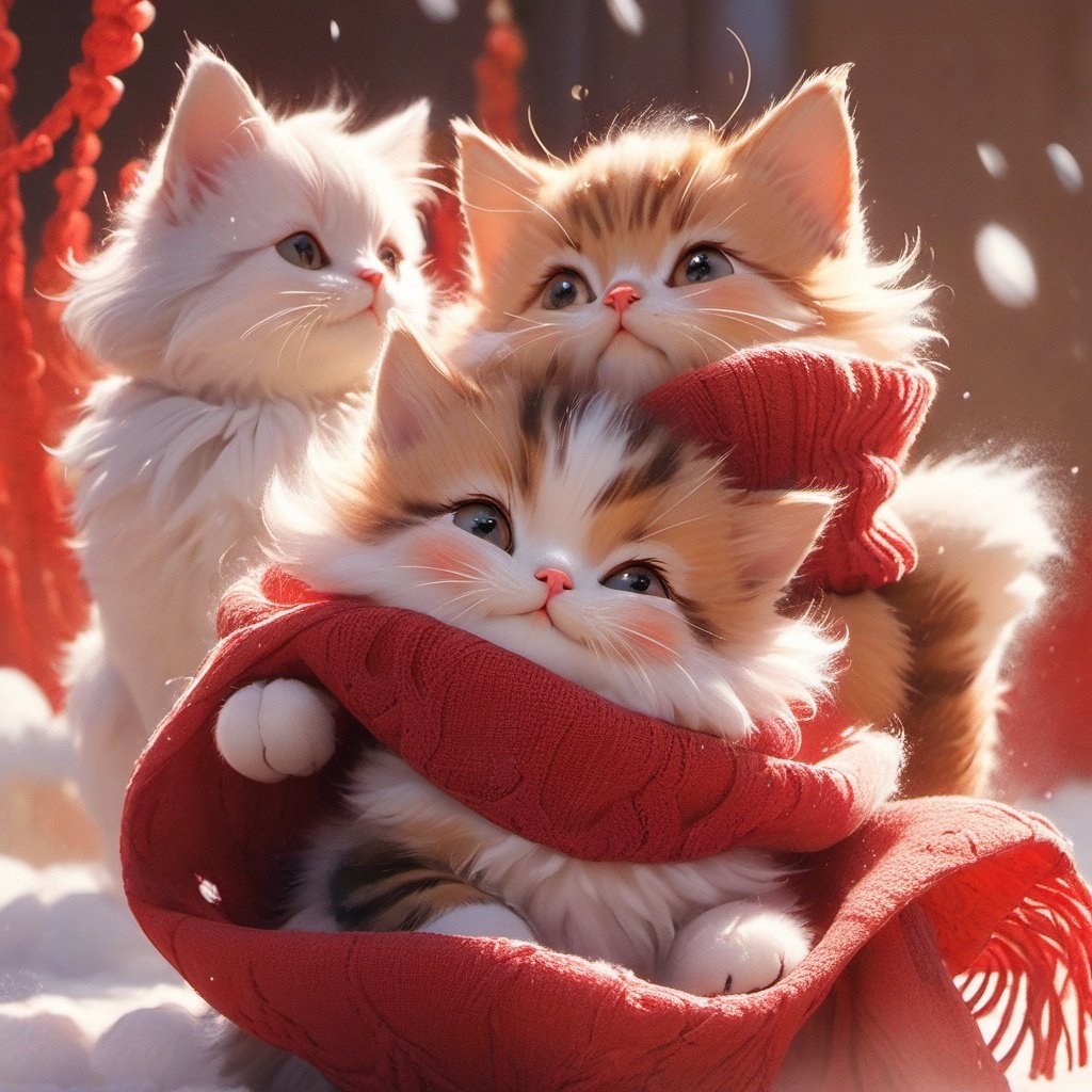 Xxmix_Catecat,three cats,playing,red theme,