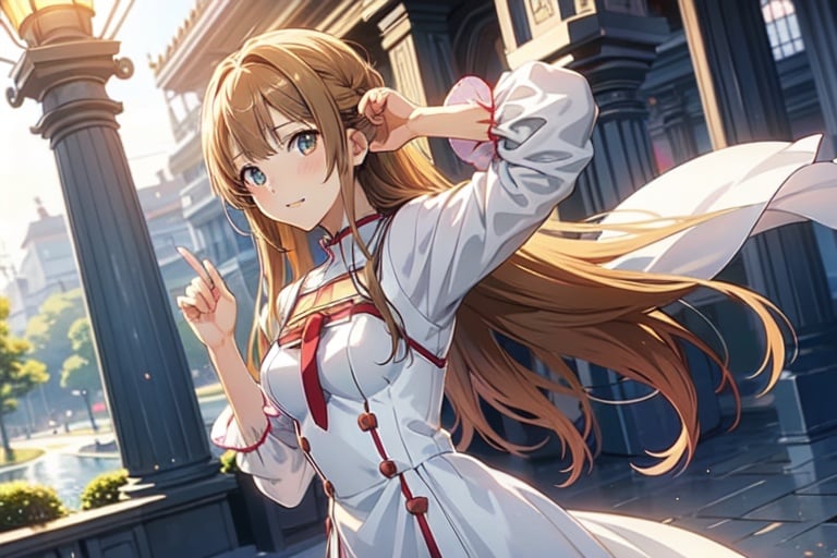 anime girl with long brown hair and a white dress, asuna yuuki, asuna from sao, anime girl named lucy, anime best girl, ( ( ( yoshinari yoh ) ) ), photo of asuna from sao, female anime character, seductive anime girl, twintails white_gloves, with index finger, anime goddess, holo, sao style anime