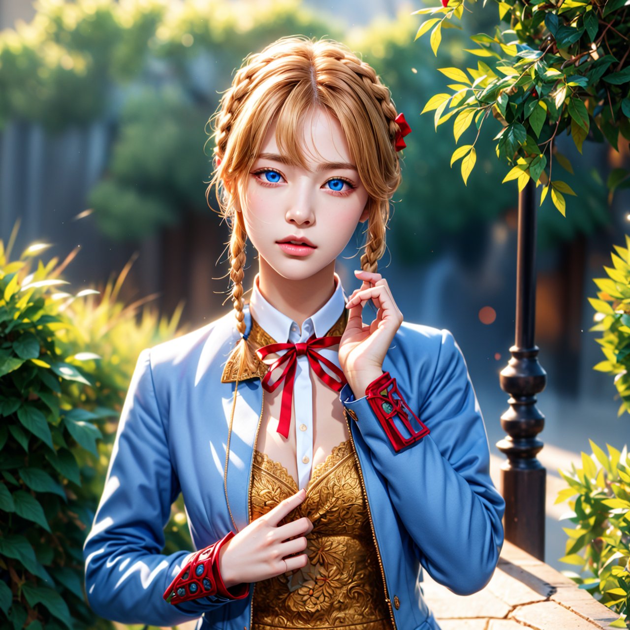 violetevergarden, violet evergarden, blonde hair, blue eyes, hair ribbon, ribbon, short hair, braids, hair braids, red ribbon, mature female,
BREAK blue jacket, brown gloves, cropped jacket, dress, gloves, green brooch, jacket, juliet sleeves, long sleeves, puffy sleeves, white dress,
BREAK looking at viewer,
BREAK outdoors, city,
BREAK (masterpiece:1.2), best quality, high resolution, unity 8k wallpaper, (illustration:0.8), (beautiful detailed eyes:1.6), extremely detailed face, perfect lighting, extremely detailed CG, (perfect hands, perfect anatomy),girl