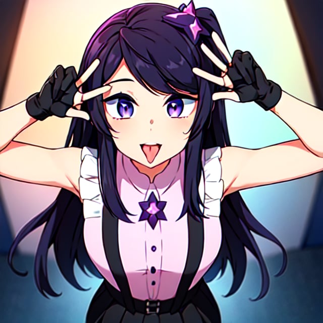 Hosino Ai, gloves, tongue sticking out, tongue, long hair, star (symbol), watch viewer, (purple hair: 1.2), purple eyes, upper body, hair ornament, ruffles, pink shirt, smile, sleeveless, shirt, idol, symbol shaped pupil, hands raised, bangs, one side up, star-shaped pupils, arms raised, dresspull, roaring twenties, isometric, from above, full body, rembrandt, Illustration, detail, depth of field, looking at the viewer, peace sign, hand raised, tongue out, highest quality, high resolution