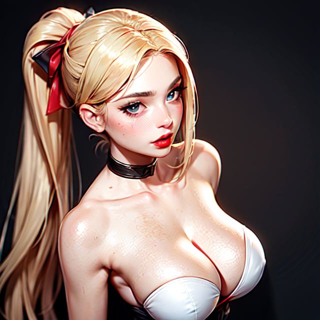 Incomparable masterpiece, ultra-realistic 8k CG, perfect artwork, ((perfect female image)), mature woman, slender waist, seductive, clean, beautiful face, {extremely delicate and beautiful girl} , 8k wallpaper, {{{Masterpiece}} }, 1girl, blonde hair, blue eyes, ponytail, police uniform, jewelry, lips, lipstick, long hair, look spectator, makeup, lips, red lips, simple background, solo, upper body, (shiny skin),