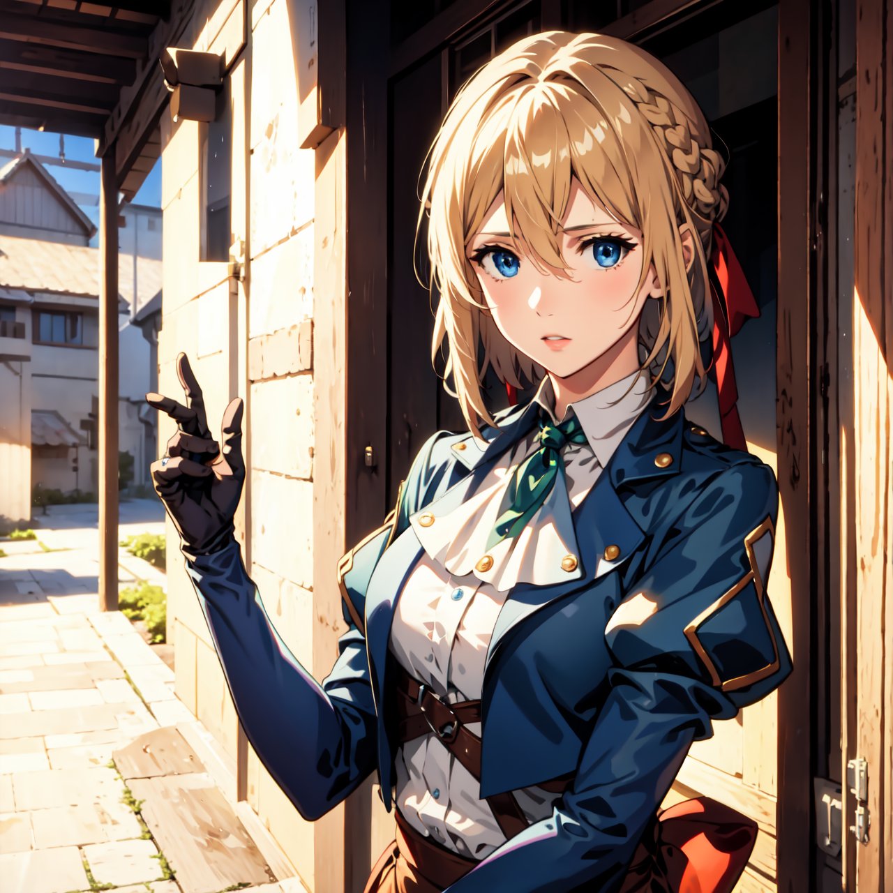 violetevergarden, violet evergarden, blonde hair, blue eyes, hair ribbon, ribbon, short hair, braids, hair braids, red ribbon, mature female,
BREAK blue jacket, brown gloves, cropped jacket, dress, gloves, green brooch, jacket, juliet sleeves, long sleeves, puffy sleeves, white dress,
BREAK looking at viewer,
BREAK outdoors, city,
BREAK (masterpiece:1.2), best quality, high resolution, unity 8k wallpaper, (illustration:0.8), (beautiful detailed eyes:1.6), extremely detailed face, perfect lighting, extremely detailed CG, (perfect hands, perfect anatomy),