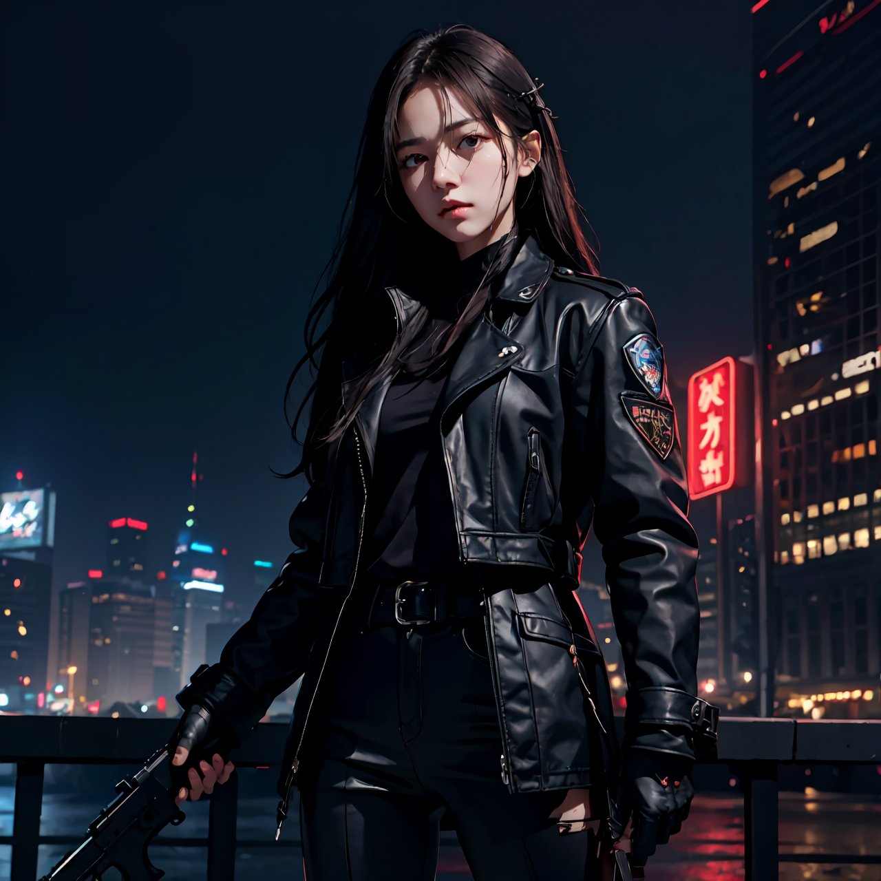 A girl holding a weapon (pistol) in her hand. (best quality, ultra-detailed), realistic, vibrant colors, sharp focus, studio lighting, portraits, dark and moody color tone, intense gaze, leather gloves, stray strands of hair, confident stance, urban background, edgy atmosphere., 