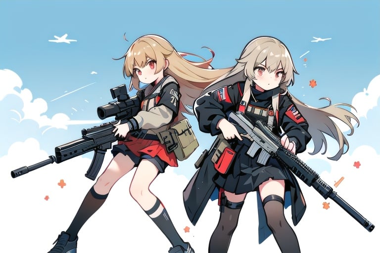 Anime girl holding a gun, wearing skirt, M4 Sopmod II Girls Frontline, Railgun, Anime Machine Gun Fire, Girls Frontline Style, with rifle, from Girls Frontline, fine details. Girls Frontline, Girls Frontline Anime Girl Action, Assault Rifle, Wielding Assault Rifle, Girls Frontline CG, Realistic Weapon, Girls Frontline, Handgun