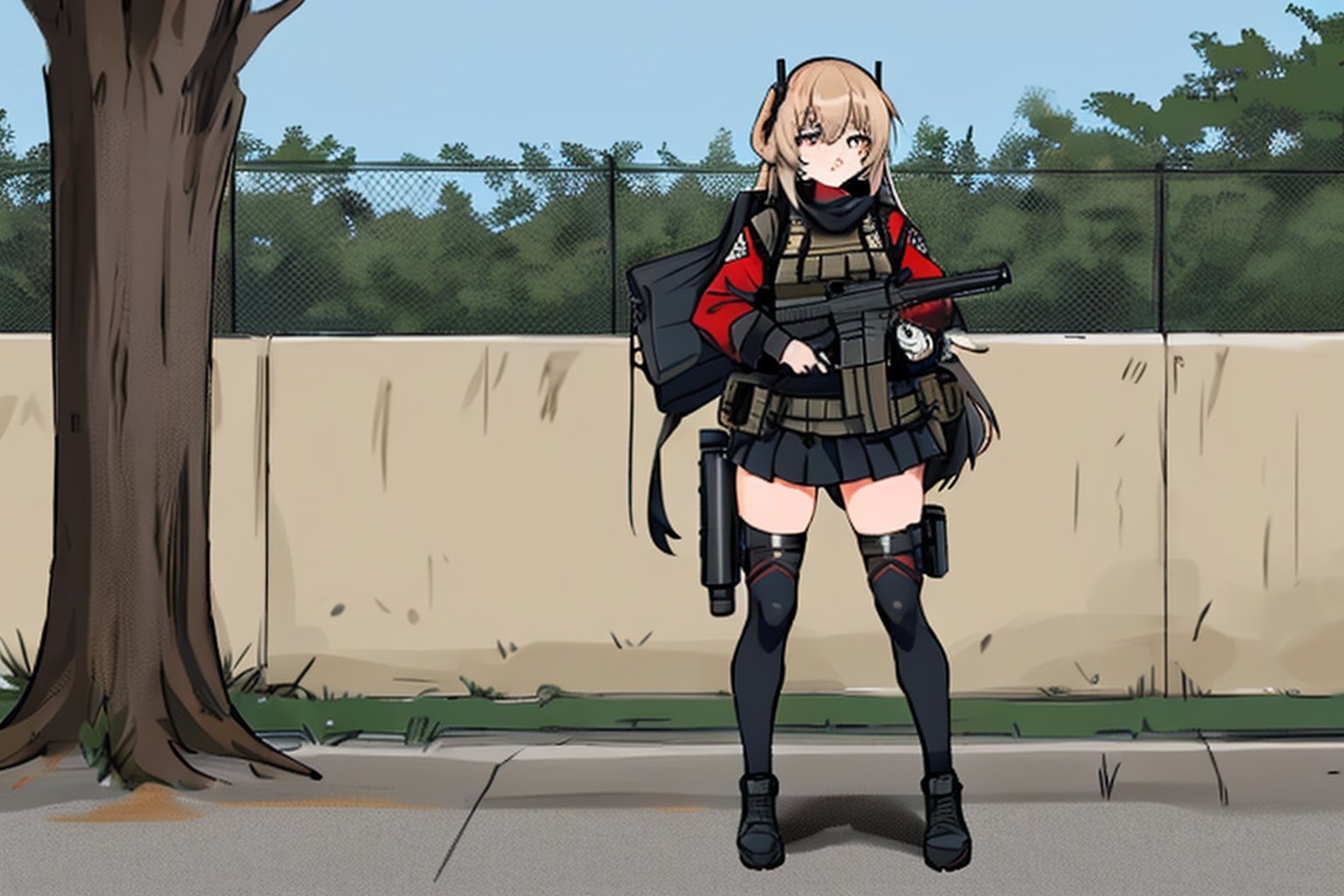 anime girl with a gun and backpack, m4 sopmod ii girls frontline, girls frontline, infantry girl, girls frontline style, soldier girl, mechanized soldier girl, cushart kenz, full body! shooting, girls frontline cg, of a sniper girl at war, military girl, with rifle, full_body!!,, <lora:EMS-19136-EMS:0.6>