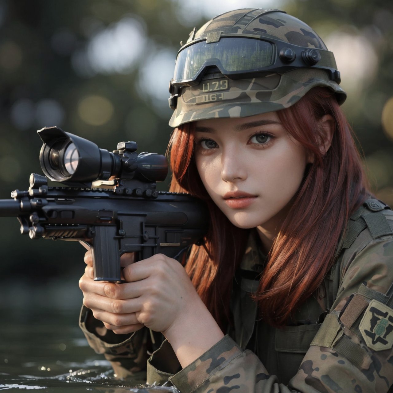 (masterpiece,best quality,expressive eyes,perfect face),(realistic,1.2)1girl in tactical jungle uniform,redhead,(rising out of water),(helmet,nightvision goggles),(aiming an assault rifle),weapon,(sharp focus),(vivid colors),(bokeh)