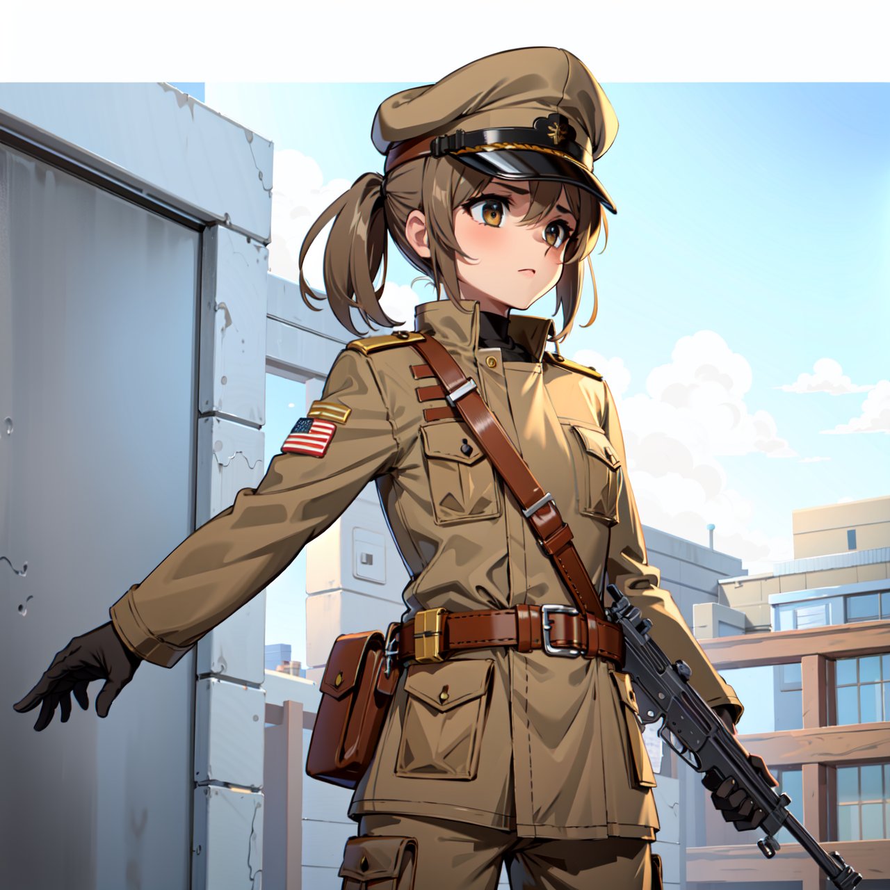 Military uniform  light brown a girl  commander with a weapon