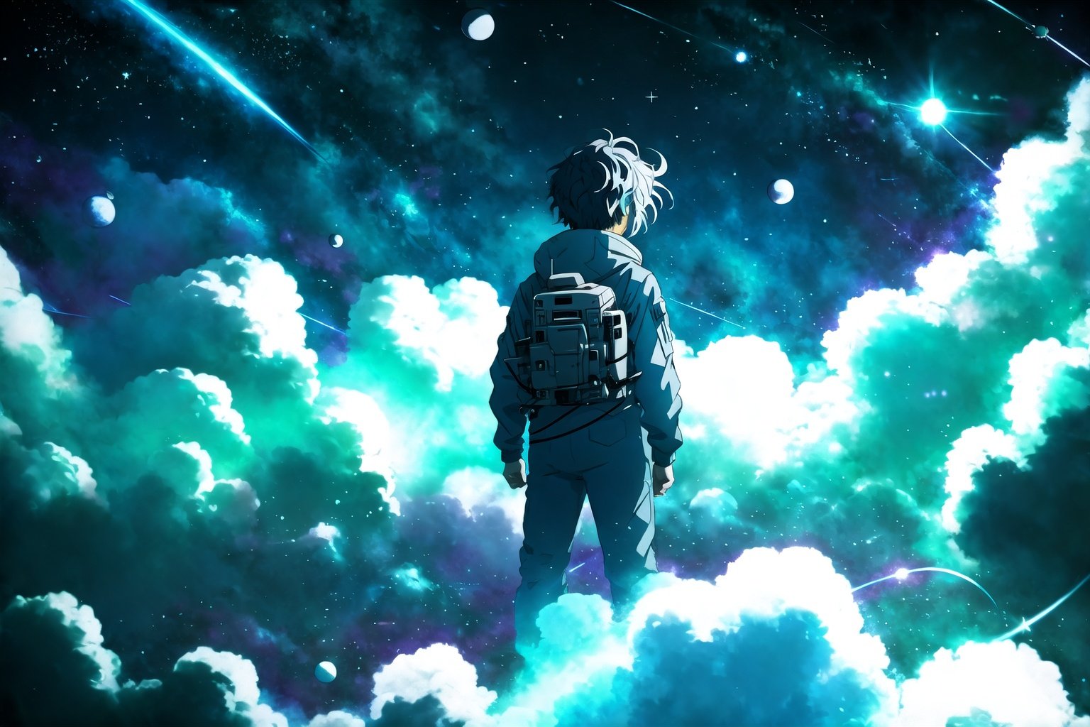 style of Satoshi Kon,short white and blue wavy hair, anime guy in space , wearing a space captain outfit , WIDE Open arms looking at the stars, wide angle, back shot, anime screenshot , 4k with stars and particles,cinematic look ,similar art to yoneyama mai art style, scenery, Illustration, Ink, thematic background, epic,toitoistyle