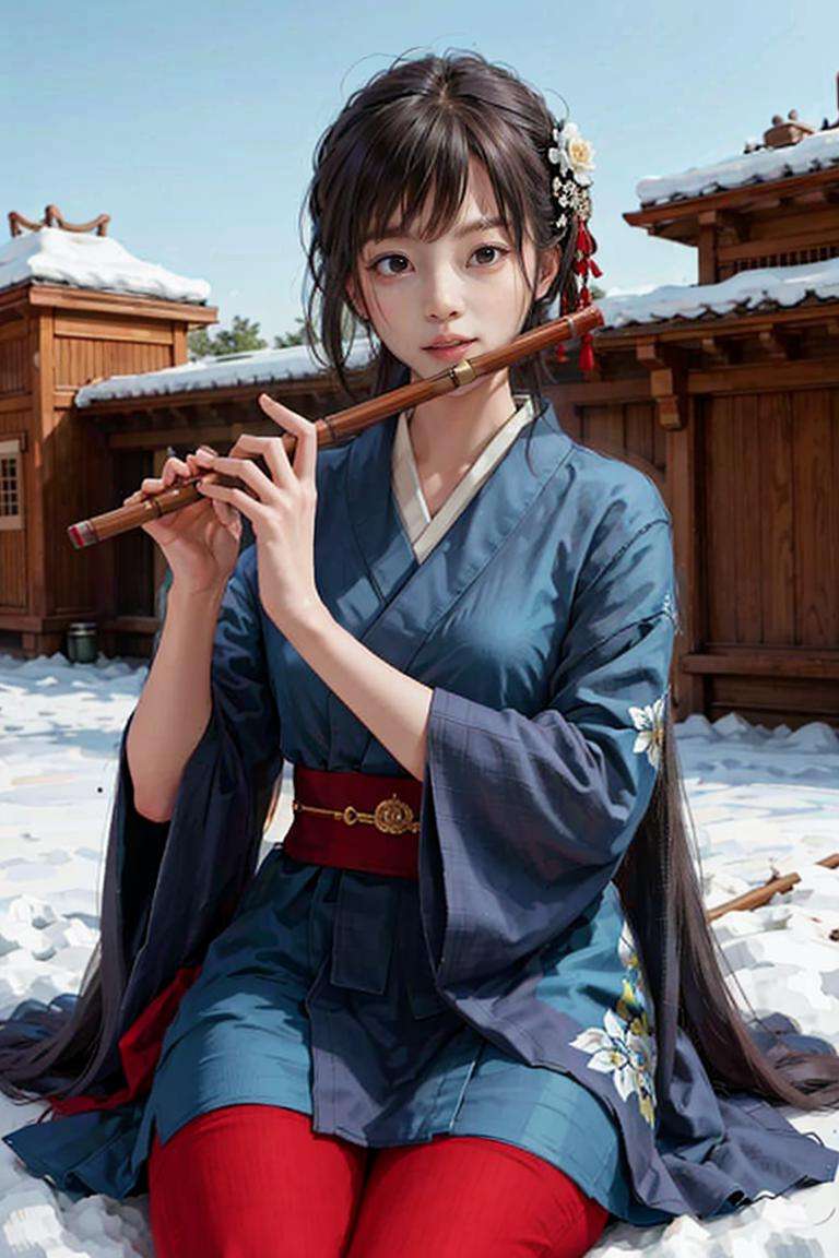 1girl, playing flute, flute,masterpiece, best quality, 8k,  <lora:flute_v1-000015:0.73>, kimono, ((snow))