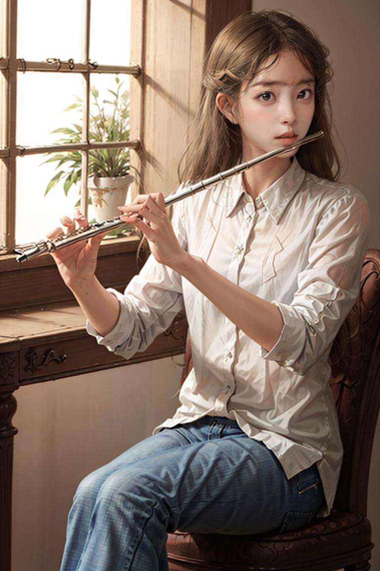 1girl, playing flute, flute, masterpiece, best quality, 8k, indoor, jeans, golden hair <lora:brass_flute:0.76>