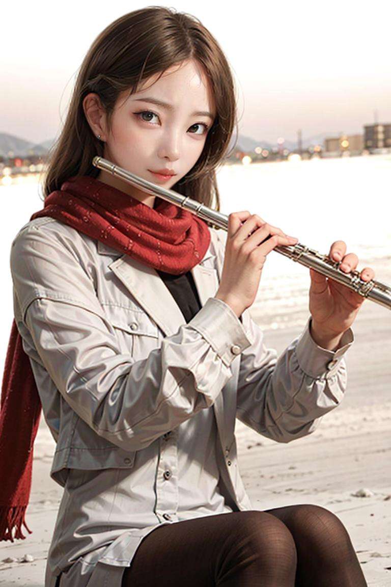 1girl, playing flute, flute, masterpiece, best quality, 8k, outdoor, scarf, snow, <lora:brass_flute:0.67>