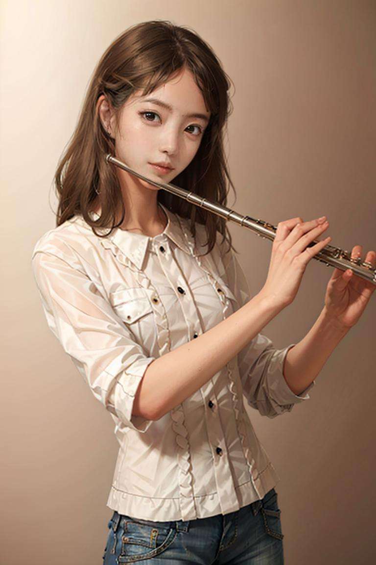 1girl, playing flute, flute, masterpiece, best quality, 8k, indoor, jeans, golden hair <lora:brass_flute:0.76>