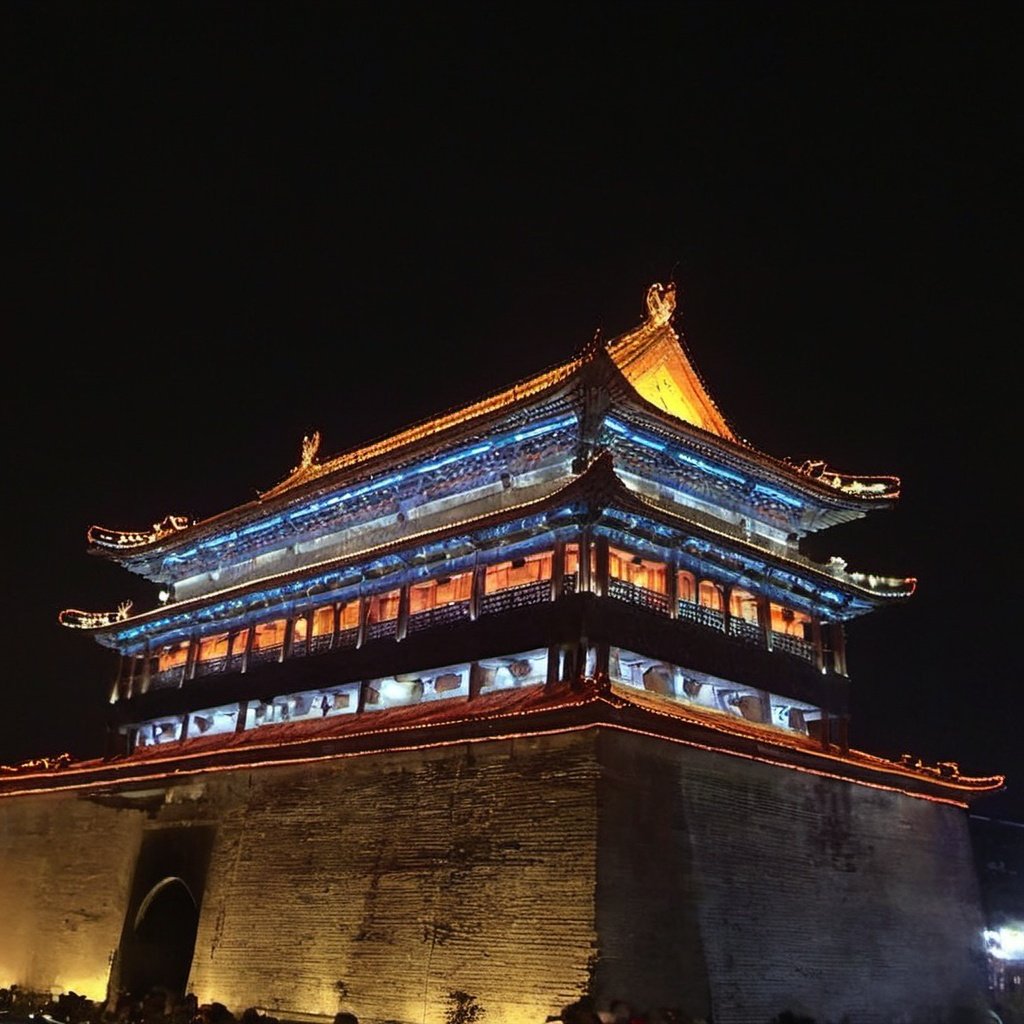 chengqiang,((buildings)),arafed building with a clock on top of it at night,ancient chinese architecture,made of glowing wax and ceramic,very old,torri gate,breath taking beautiful,bells,of a old 13th century,vividly beautiful colors,solo,tang dynasty,around the city