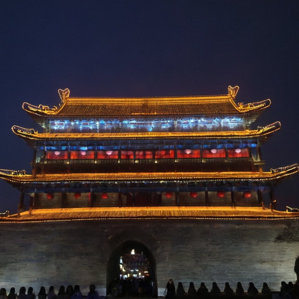 chengqiang,((buildings)),arafed building with a clock on top of it at night,ancient chinese architecture,made of glowing wax and ceramic,very old,torri gate,breath taking beautiful,bells,of a old 13th century,vividly beautiful colors,solo,tang dynasty,around the city