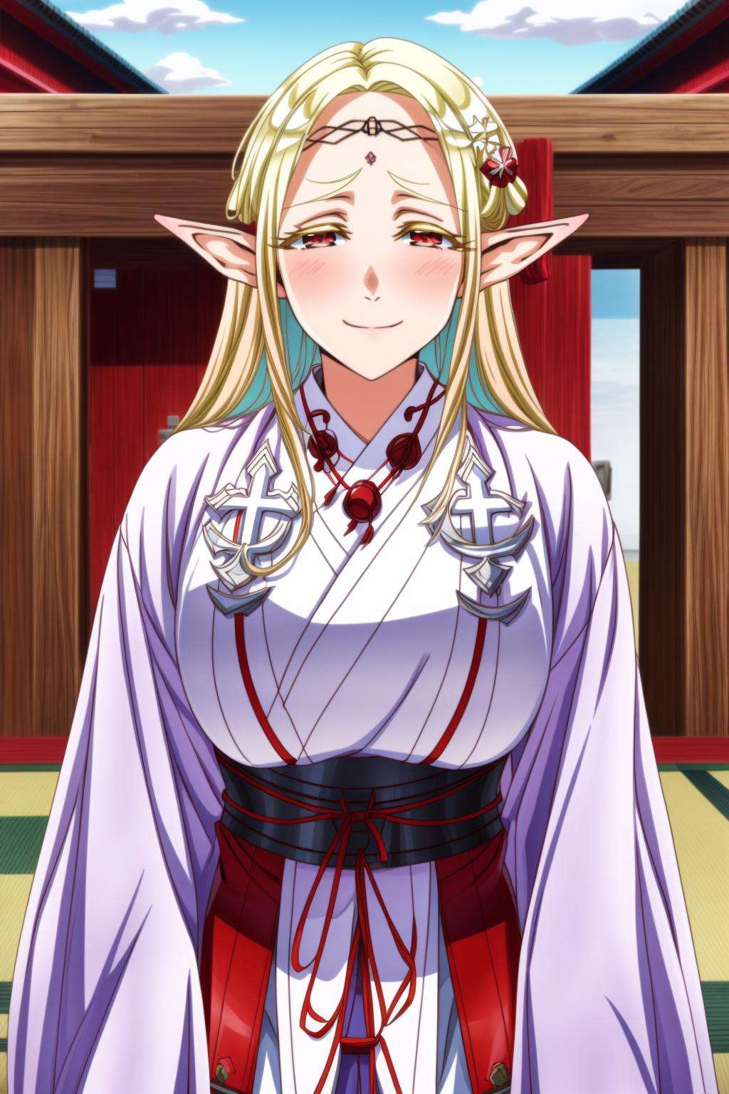 1woman, masterpice, high quality, best quality, highly detailed, (official art), (proffesional art), (perfect face, eyes and nose) elda, pointy ears, elf, hair ornament, kimono, japanese clothes, red hakama, miko <lora:elda-08:0.8>, <lora:more_details:1>, smile (blush:1.3), big breasts, looking at viewer, (background: temple:1.3)