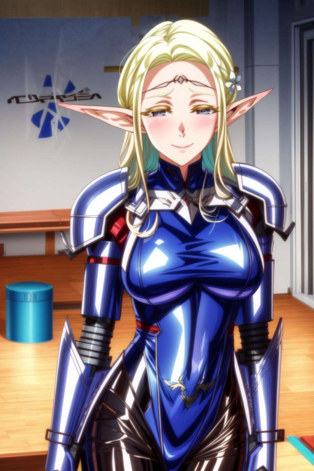 1woman, masterpice, high quality, best quality, highly detailed, (official art), (proffesional art), (perfect face, eyes and nose) elda, pointy ears, elf, hair ornament, (bodysuit), mecha, cyberpunk, science fiction,  <lora:elda-08:0.8>, <lora:more_details:1>, smile (blush:1.3), big breasts, (background: room:1.3), (NFSW:1.3), explicit