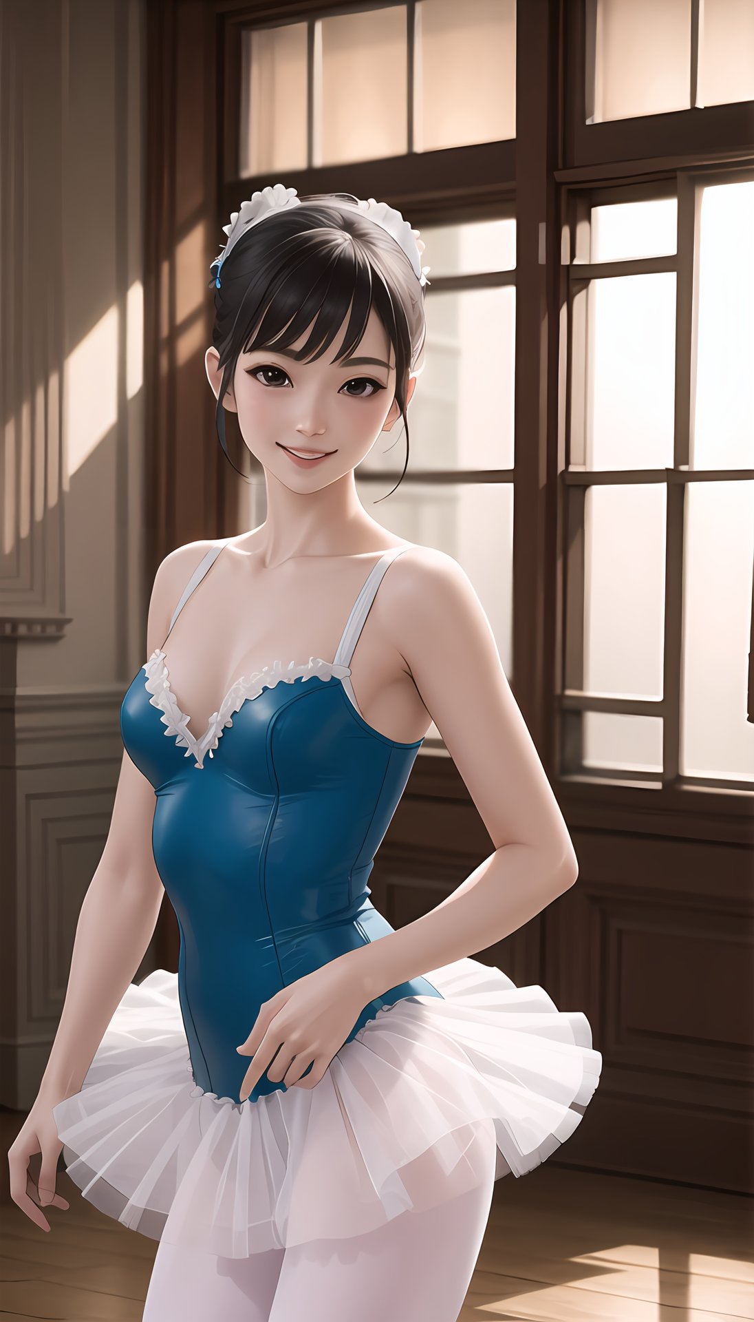 (best quality, masterpiece:1.2),ultra detailed,(photo realistic:1.4),solo,cute girl,ballerina,pantyhose,leotard,tutu,lite smile,indoor