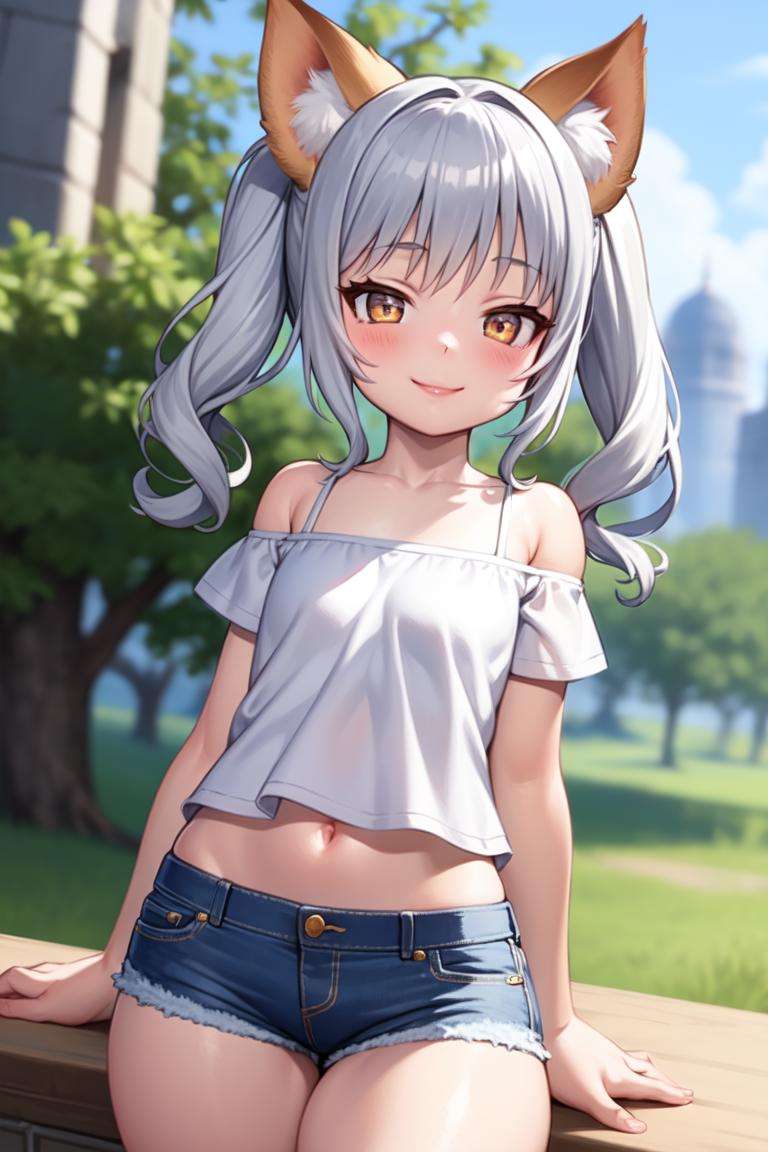 1girl, <lora:Elin_2D_and_3D_last-000018:1>, elin, smile, white camisole, midriff, denim shorts, 