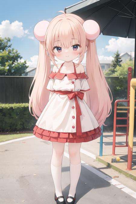 kokonoe rin, solo, standing, off-shoulder dress, arms behind back, white legwear, uwabaki, smile, blush, looking at viewer, outdoors, playground, <lora:Out:0.7>