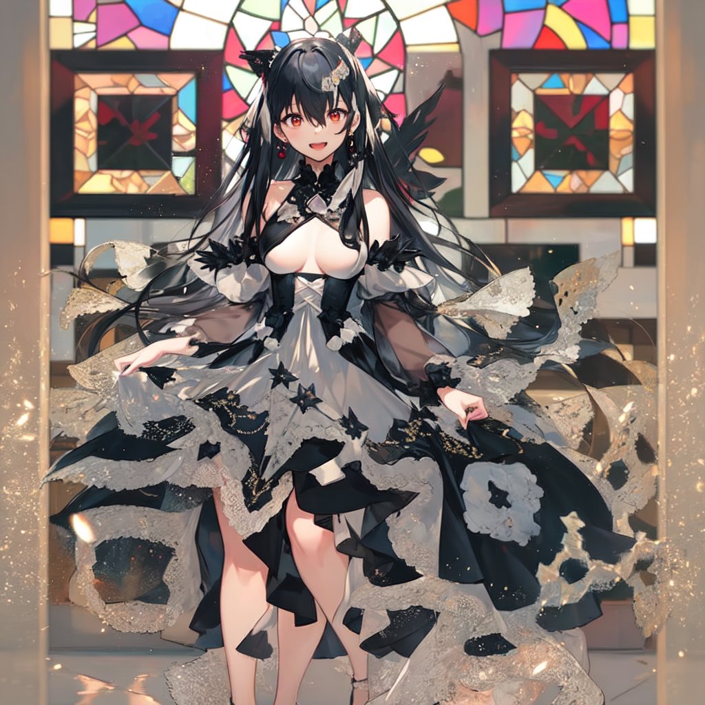 long hair, 1girl, red eyes, open mouth, dress, solo, smile, bare shoulders, looking at viewer, breasts, detached sleeves, very long hair, black dress, sleeveless, bangs, hair between eyes, stained glass, blurry background