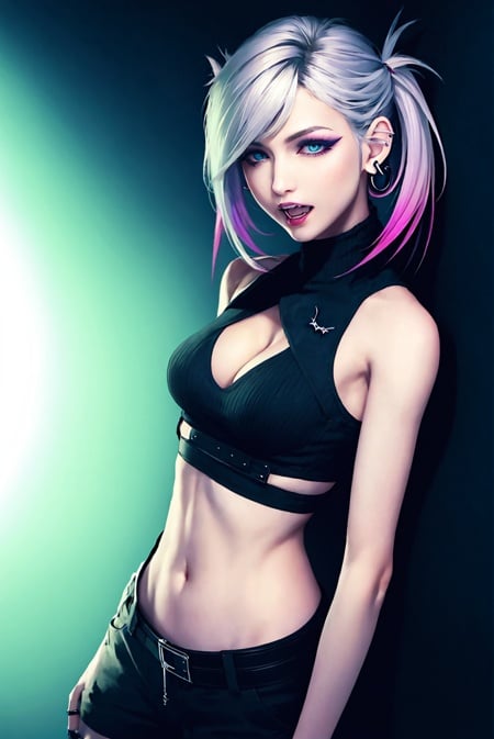 ff7r style,nanakusa nazuna, 1girl, bangs, black background, black jacket, black shirt, black shorts, blue eyes, blunt bangs, breasts, cleavage cutout, clothing cutout, crop top, eyeshadow, fangs, gradient hair, grey hair, hair rings, jacket, light purple hair, looking at viewer, makeup, multicolored hair, navel, open mouth, red eyeshadow, shirt, shorts, sleeveless, sleeveless turtleneck, sleeveless turtleneck crop top, small breasts, solo, stomach, turtleneck, turtleneck crop top, two-tone hair, vampire <lora:nanakusa_nazuna_offset:0.6><lora:ff7r_style_ned_offset:1>