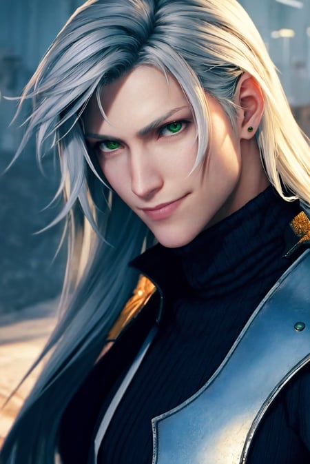 ff7r style,long hair, male focus, solo, 1boy, shoulder armor, armor, blurry background, blurry, green eyes, closed mouth, realistic, smile, black jacket, looking at viewer, jacket, grey hair, bangs, upper body, portrait, pauldrons, white hair, ((masterpiece))<lora:ff7r_style_ned_offset:1> 