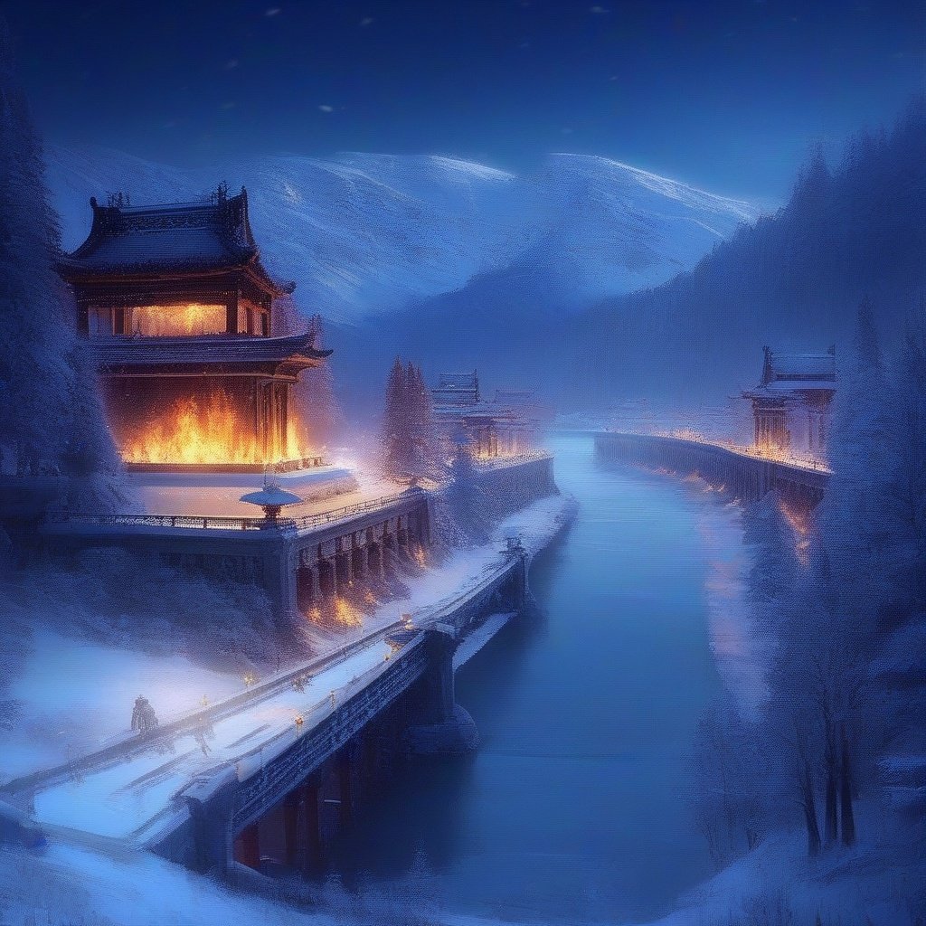 <lora:xinxihuan_xl:1>,xinxihuan, scenery, no humans, snow, tree, outdoors, nature, fire, sky, forest, mountain, day, pine tree, winter, water, building, bare tree, river, landscape, blue sky, bridge, lake, snowing, night, reflection, road, fantasy, signature, ice, city