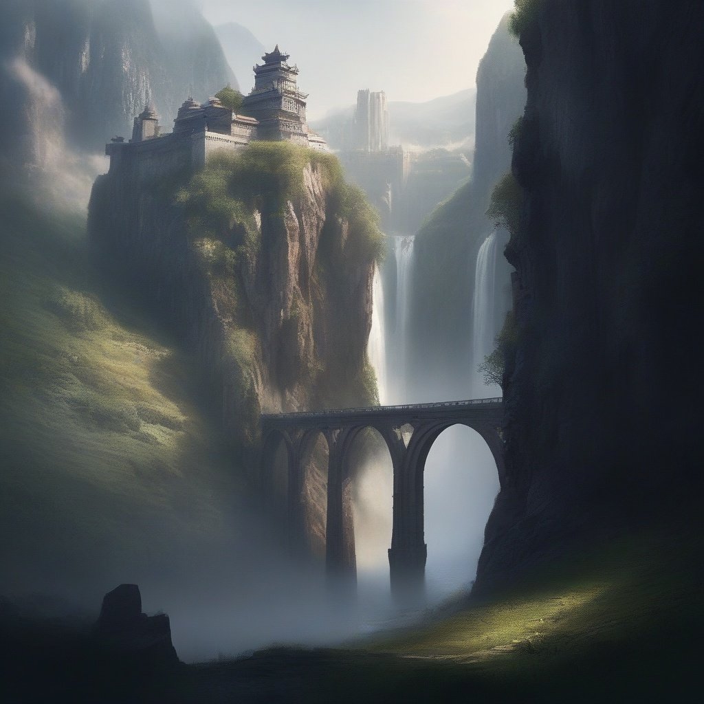 xinxihuan, scenery, waterfall, outdoors, tree, no humans, water, day, mountain, cliff, landscape, nature, castle, fantasy, rock, river, architecture, sunlight, grass, building, sky, forest, bridge, fog, solo, arch, statue, ambiguous gender, <lora:xinxihuan_xl:1>