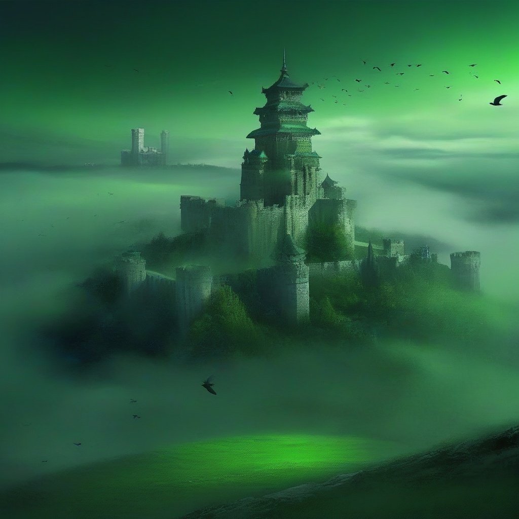 <lora:xinxihuan_xl:1>,xinxihuan, no humans, scenery, cloud, sky, cloudy sky, bird, outdoors, castle, green theme, fog, tower, building, fantasy, city, tree, nature, landscape, night, forest, grass, ruins, flock, cityscape, mountain, night sky