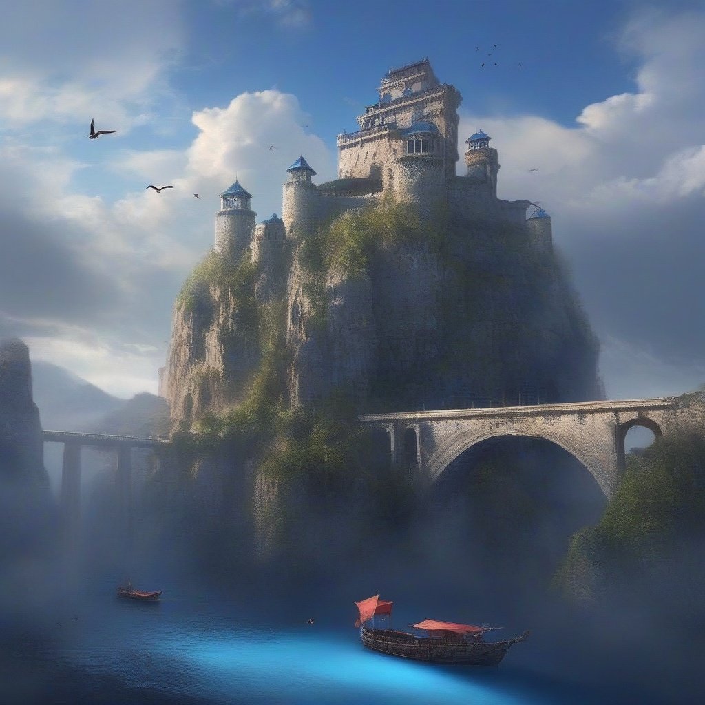 <lora:xinxihuan_xl:1>,xinxihuan, no humans, cloud, scenery, sky, outdoors, watercraft, water, ocean, cloudy sky, ship, day, boat, tree, bird, bridge, fantasy, blue sky, castle, ruins, building, horizon, river, landscape, cliff, sunlight, mountain, plant, nature, tower