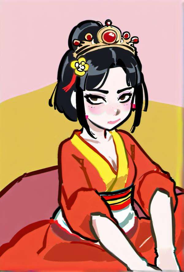 Shoulder length hair:2, a woman in a red and gold dress with a tiara on her head and a red table cloth, hair stick,sitting,from below breast naked loli,Gold Crown,1girl, dutch angle,from below breast naked loli,Chinese style,artist_name, black_hair, raindrop,chinese_clothes, closed_eyes, curtains, dress, earrings, hair_ornament, (hanfu:1.4), indoors, jewelry, lips, lipstick, long_sleeves, makeup, red_dress, red_lips, solo, standing, tassel, window, wisteria,masterpiece,best quality,official art,extremely detailed CG unity 8k wallpaper, (crown:1.4),(headband:1.4)