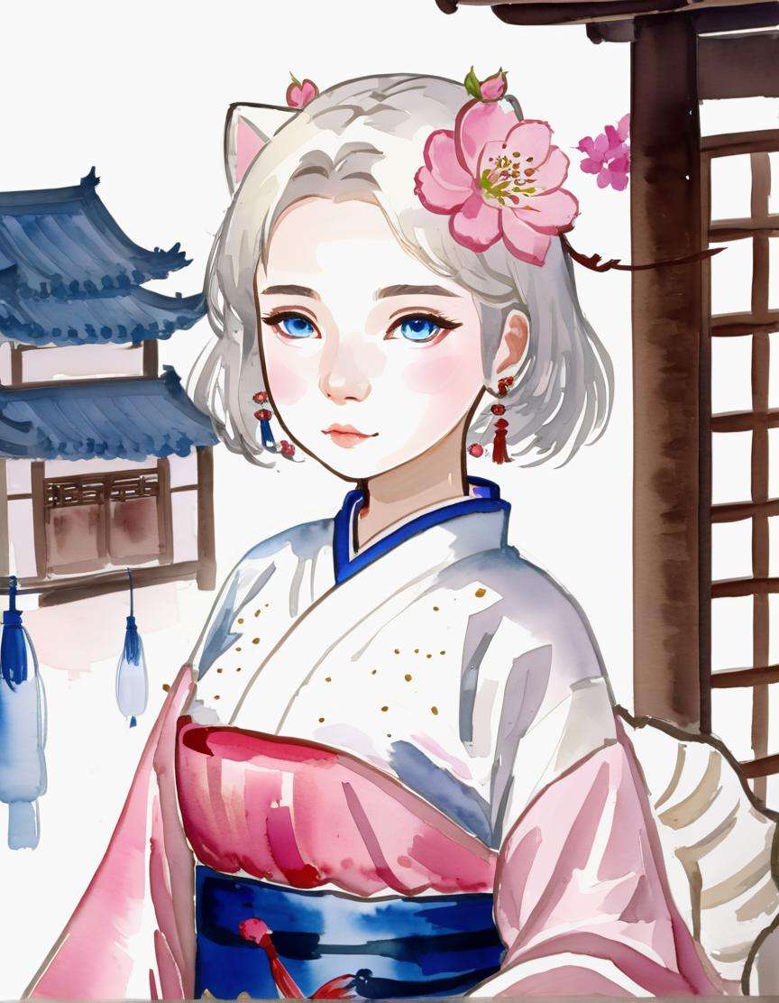 (((masterpiece))),best quality,watercolor,(((illustration)),((Chinese_style)),

(((beautiful detailed girl))),small chest,cat,tea,

((delicate cute face)),blue_eyes,watery_eyes,

bob_cut,white_hair,flower,

(hanfu),silky,pink,luxuriant,layered dress,

(in_spring),beautiful_landscape,light particles,