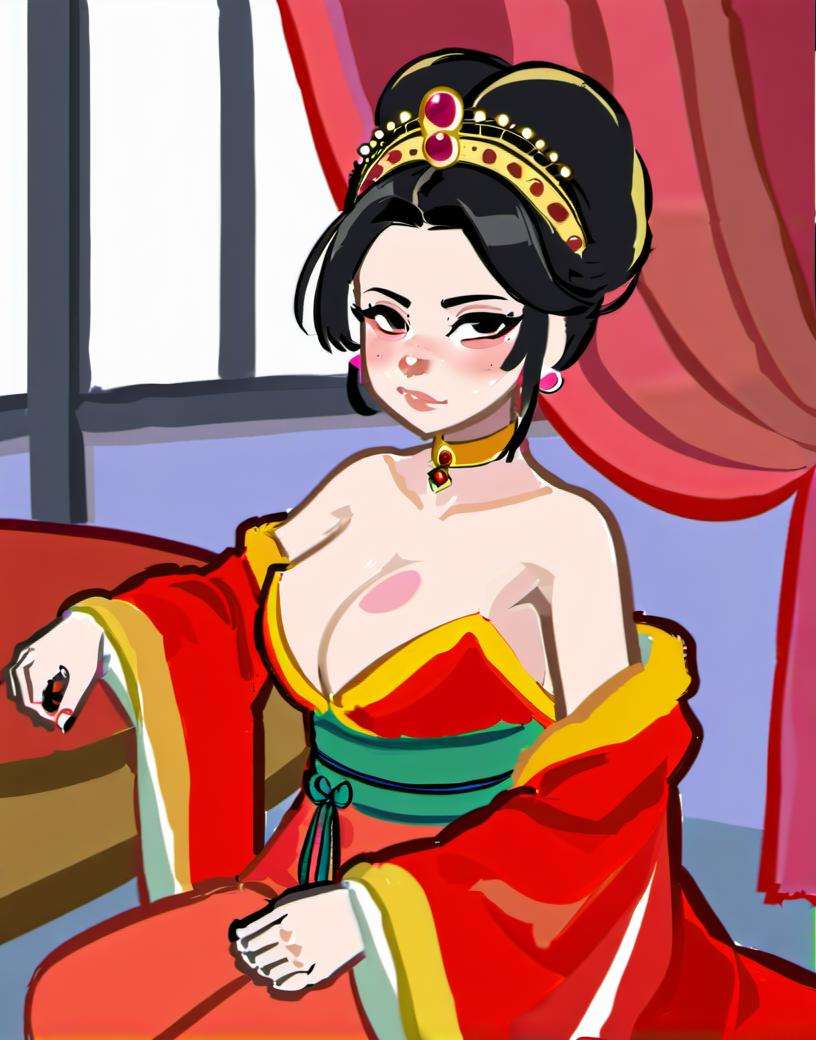 Shoulder length hair:2, a woman in a red and gold dress with a tiara on her head and a red table cloth, hair stick,sitting,from below breast naked loli,Gold Crown,1girl, dutch angle,from below breast naked loli,Chinese style,artist_name, black_hair, raindrop,chinese_clothes, closed_eyes, curtains, dress, earrings, hair_ornament, (hanfu:1.4), indoors, jewelry, lips, lipstick, long_sleeves, makeup, red_dress, red_lips, solo, standing, tassel, window, wisteria,masterpiece,best quality,official art,extremely detailed CG unity 8k wallpaper, (crown:1.4),(headband:1.4)