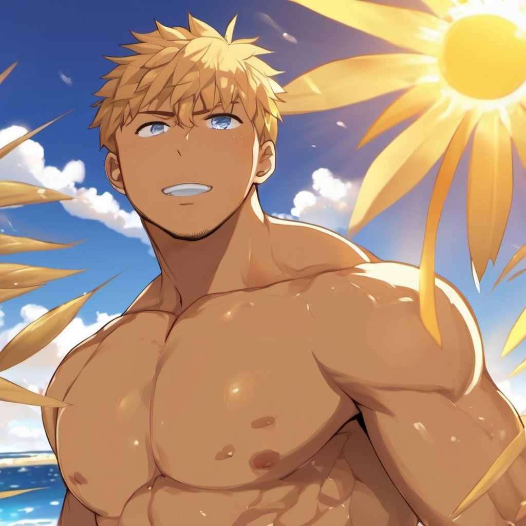 A strong man sweating profusely in the sun on the beach, short hair and beard, wheat-colored skin shining in the sun,1boy,topless,dark_skin,blue_eyes,Anime style,bara,wet body,