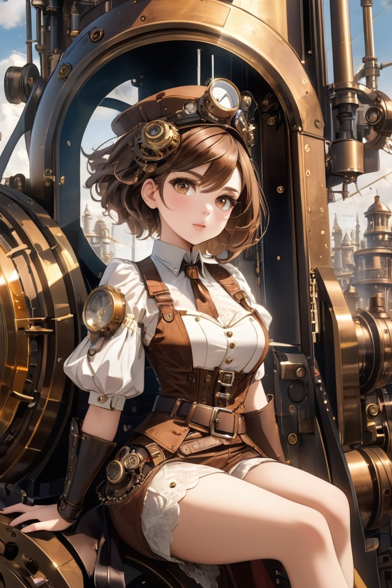 1girl with sitting on a part of huge machine on the upper right corner of the image, huge machine  fills the image, steampunk,belt, gear, anime,8k, dynamic angle,form bottom, of beautiful girl with brown short hair,best shadow, intricate, elegant, majestic, (masterpiece,best quality,ultra_detailed,highres,absurdres:1.2),broken glass, (sidelighting, finely detailed beautiful eyes: 1.2), detailed face and detailed skin, hdr,vvvvvvvvvvvvvvvvvvvvvvvvvvvvvvv