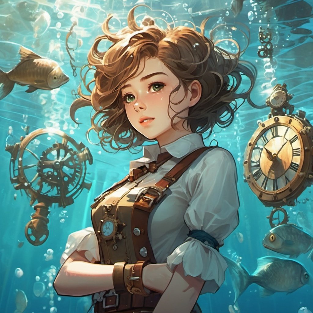 steampunk,1girl,short hair,gear,belt,a sunken ship with big clock in the background,  (illustration:1),masterpiece,best quality,detailed face and eyes,underwater hair physics,air bubbles,light coming through water,reflections,laying in water,split layers of water,school of fish,beauty,anime