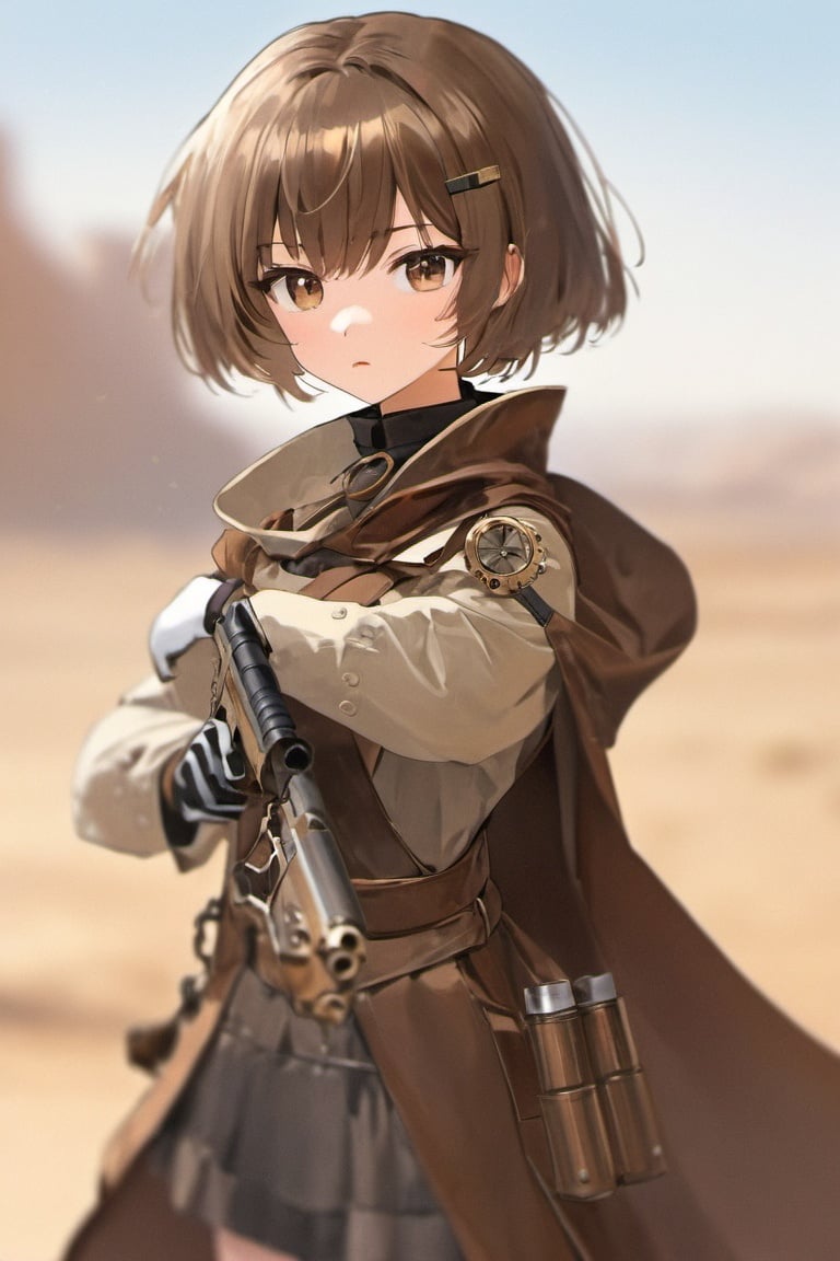 1girl,anime, portrait,steampunk,anime, brown and messy hair, weapon, gloves, blurry desert background,gun, looking at viewer, blurry, lips, outdoors, cape, belt, realistic, cloak, short hair