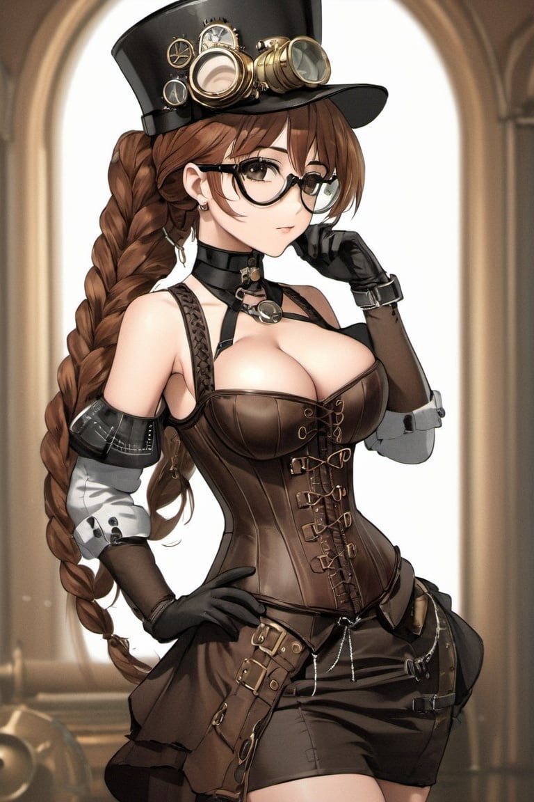 1girl,anime, portrait,steampunk,anime, female_solo, hat, breasts, braid, cleavage, gloves, hand on hip, dress, long hair, red hair, medium breasts, corset, jewelry, brown hair, realistic, earrings, lips, goggles, elbow gloves, frills, <lora:EMS-19239-EMS:0.5>