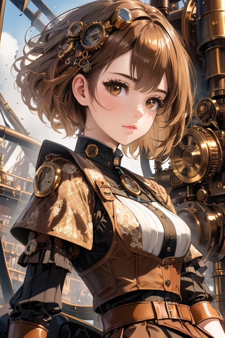 1girl with sitting on a part of huge machine on the upper right corner of the image, huge machine  fills the image, steampunk,belt, gear, anime,8k, dynamic angle,form bottom, of beautiful girl with brown short hair,best shadow, intricate, elegant, majestic, (masterpiece,best quality,ultra_detailed,highres,absurdres:1.2),broken glass, (sidelighting, finely detailed beautiful eyes: 1.2), detailed face and detailed skin, hdr,vvvvvvvvvvvvvvvvvvvvvvvvvvvvvvv