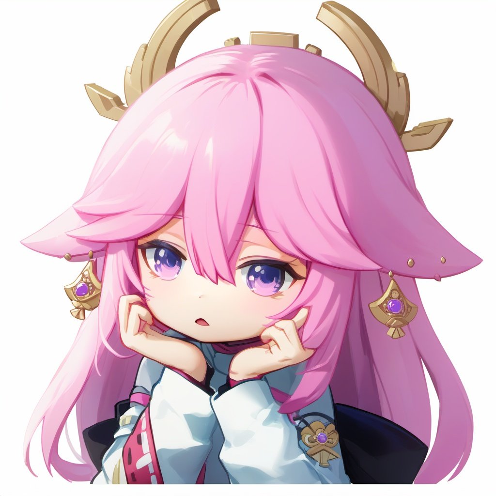 anime, 8k, high resolution, 1girl, solo, <lora:yaemiko_loraxl:1> miko_loraxl:1>, yae miko,  pink hair, hair ornament , sticker, (chibi:1.2), white background, simple background, (facepalm:1.1), (close shot, upper body:1.1)