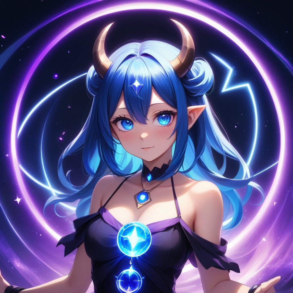 anime, 1girl, blue hair, horns, multicolored eyes, glowing, blue eye, purple eye, bare shoulders, demon eyes, magic circle, light particles, light rays, wallpaper, 8k, high resolution