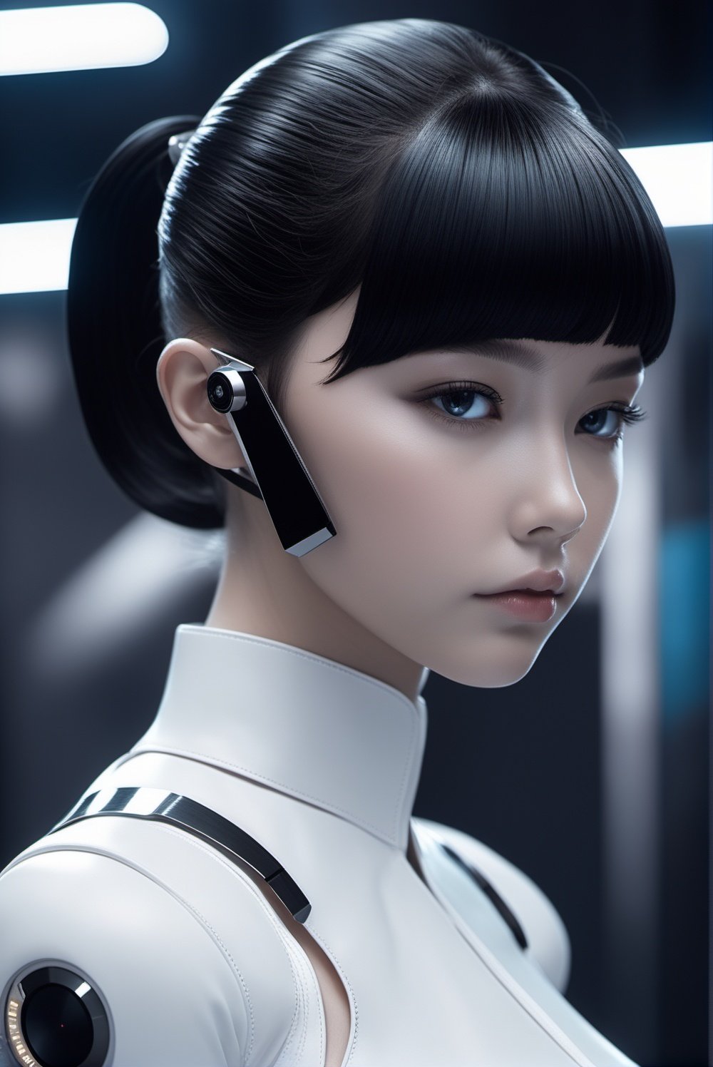 (masterpiece,best quality, ultra realistic,32k,RAW photo,detailed skin, 8k uhd, high quality:1.2), cybernetic style worksafe. insanely detailed. black and white. instagram photo, kodak portra. by wlop, ilya kuvshinov, krenz cushart, greg rutkowski, pixiv. zbrush sculpt, octane, maya, houdini, vfx. closeup schoolgirl, from behind, posing. by ayami kojima. cinematic dramatic atmosphere, sharp focus, volumetric lighting. . futuristic, technological, cybernetic enhancements, robotics, artificial intelligence themes