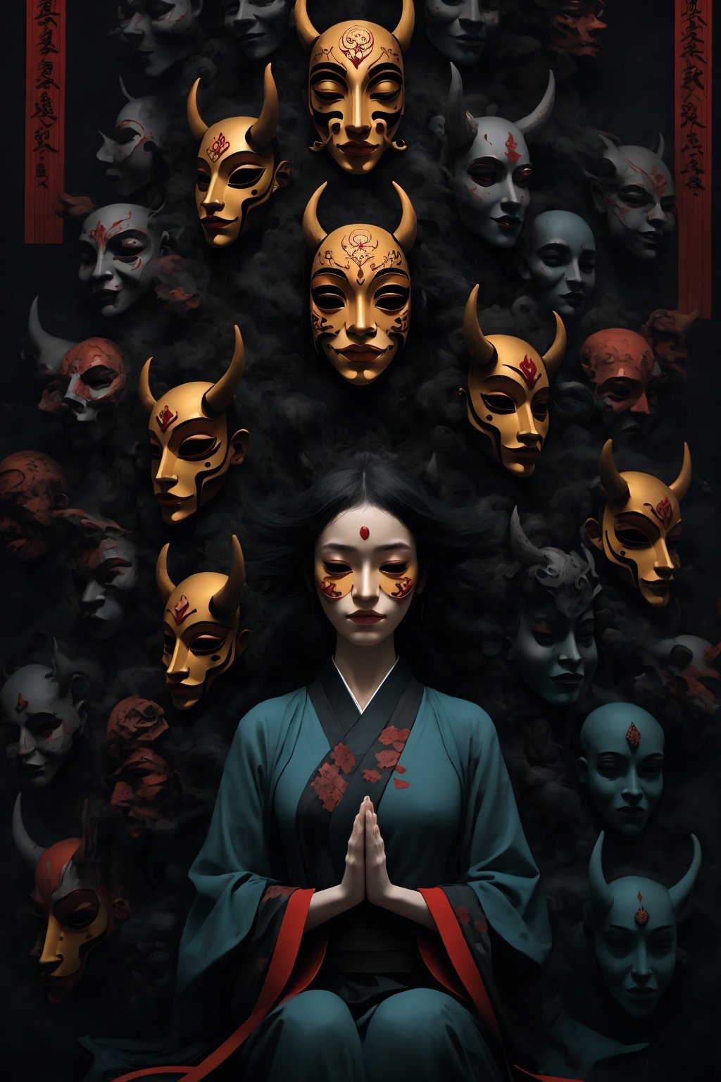 a woman meditating in front of lots of
masks, in the style of zhang jingna, photomontage, hirohiko araki, oriental, sergio toppi, theatrical, poster art