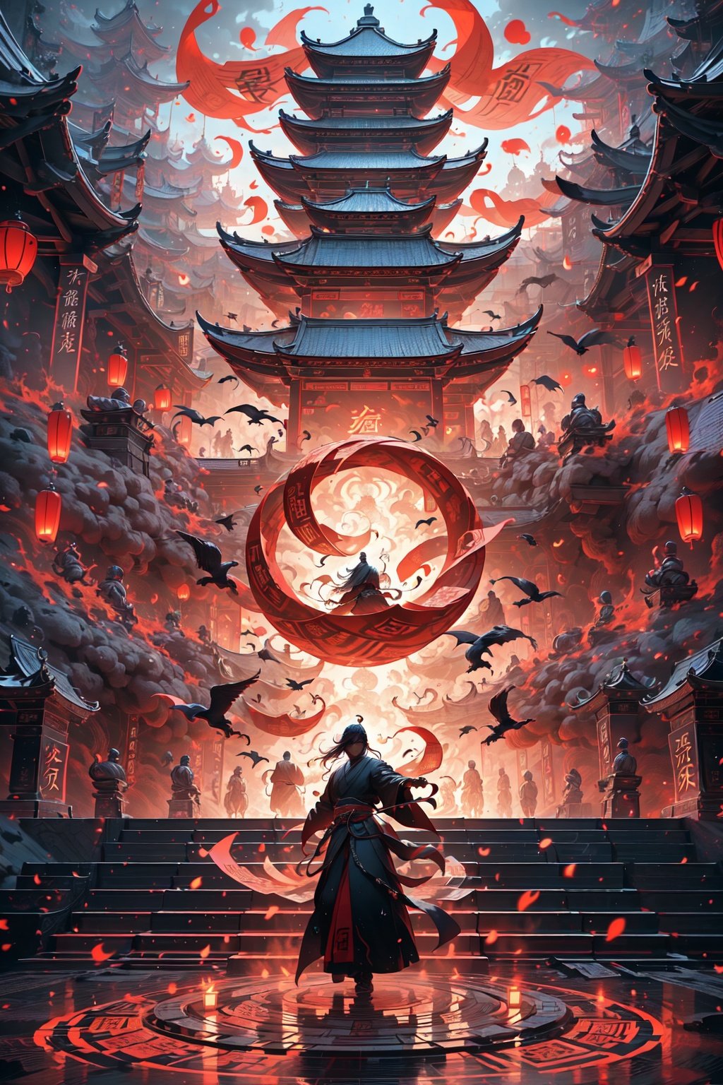 A girl dressed in an ancient mage uniform, Hanfu, handsome, with gestures forming spells, martial arts and fairy tale atmosphere, carrying a sky filled with water vapor, game characters, water waves, surrounded by rotating transparent long scrolls, displaying Chinese characters vertically, magical realism, dynamic action style, magic formation, the best quality, masterpiece, cg, hdr, high-definition, extremely detailed, detailed face, superhero, hero, detailed ultra high-definition, VFX, 3D rendering, Taoist rune, Jiang Chen,evil