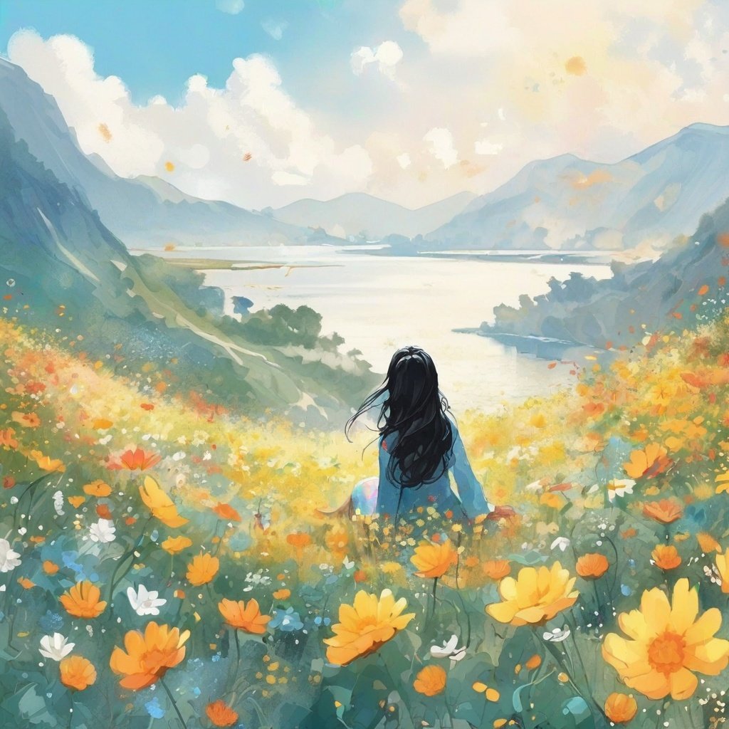 <lora:sdxl_CNInk-05:0.8>,CNInk,the girl with long black hair is basking in the sun,looking at the sky,a sea of flowers,