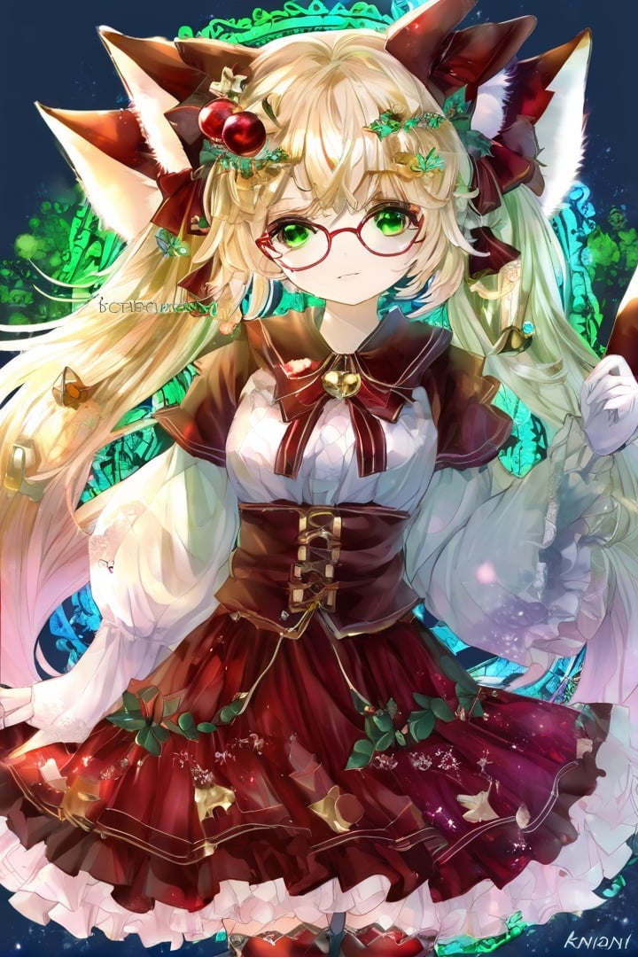 (masterpiece, best quality), (fractal art:1.4), (1girl),detailed eyes, ultra detailed, highly detailed, cinematic lighting, intricate details, (specular light:1.5), colorful, glowing, shiny, (aurora), 1girl, blonde_hair, fox ears, fox tail, green serafuku,loli,little girl,glasses,（chibi）,(miko thighhighs),red pleated skirt,see-through, see-through silhouette,younger,petite body, baby face, round face, large face, geta,red eyes, dynamic angle, big top sleeves, sleeves over wrists,detached sleeves, animal ear fluff, long sleeves, jingle bell, :o,hidden hands,（sleeves past fingers：1.2）,kemomimi,upper body,